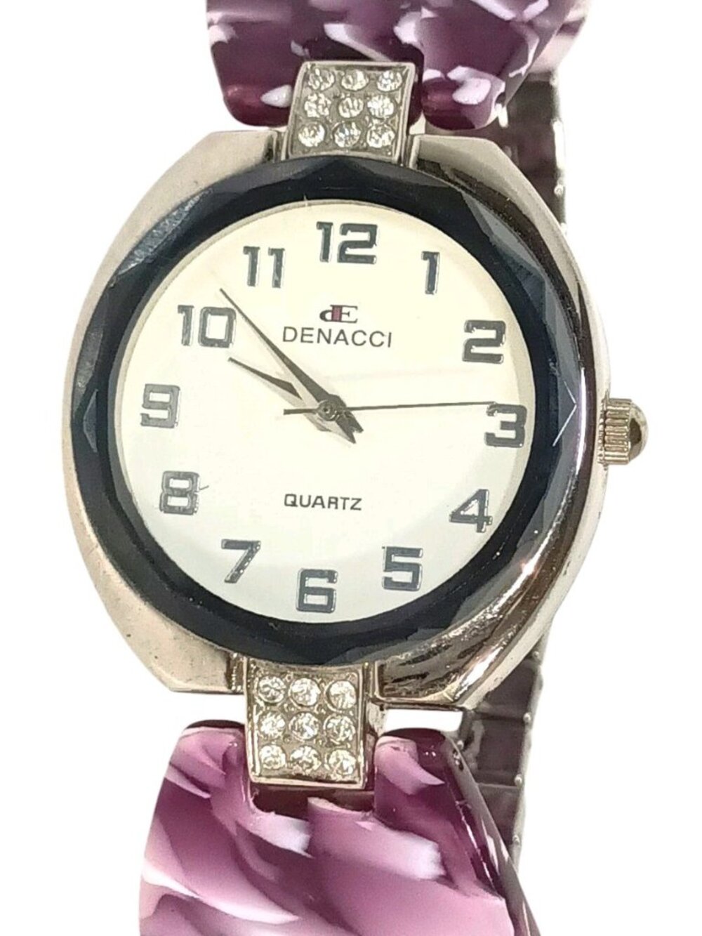 Vintage Denacci Ladies Quartz Bracelet Watch Purple & White Design w/Silver Band